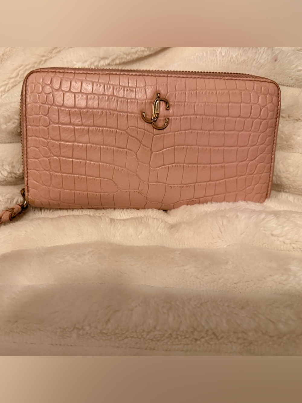 Jimmy Choo Blush Croc-Embossed Zip-Around Wallet with Gold Logo